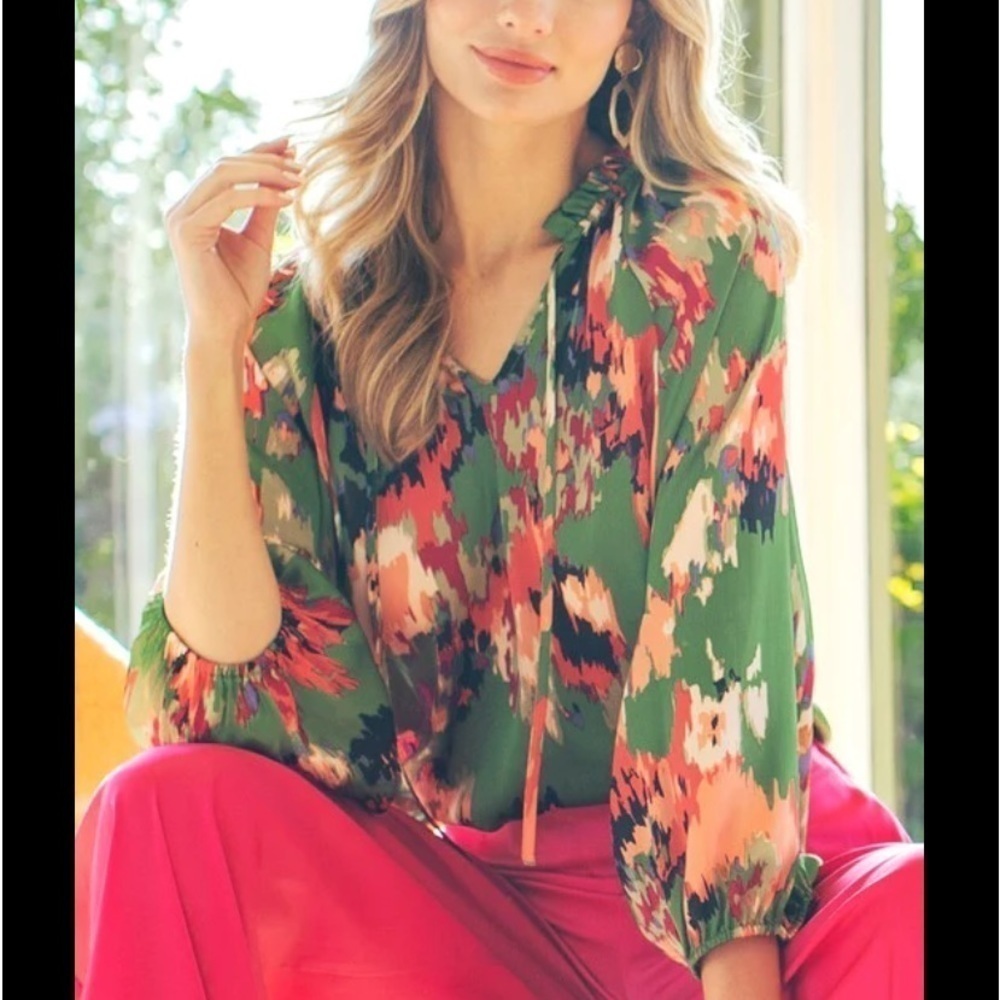 ee:some Abstract Print V Neck Tie Front Blouse with Ruffle Trim Long Sleeve